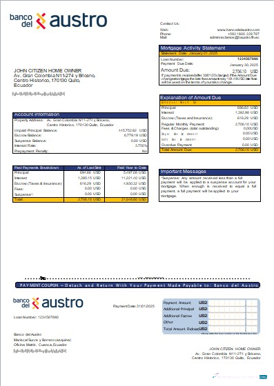 Download Ecuador Banco del Austro bank mortgage statement scr Photoshop template